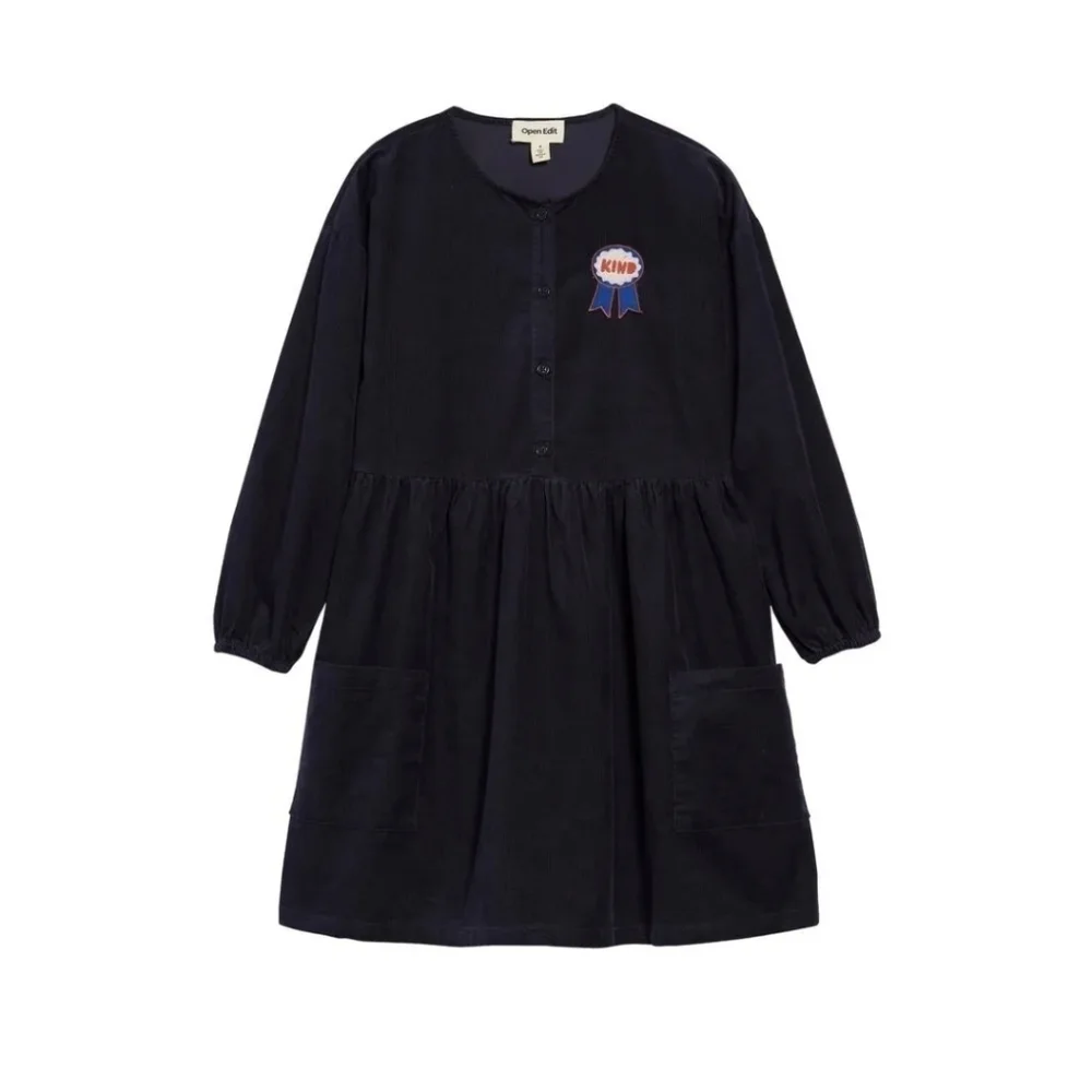 Open Edit Corduroy Henley Girls Dress Navy - Kind Award Patch